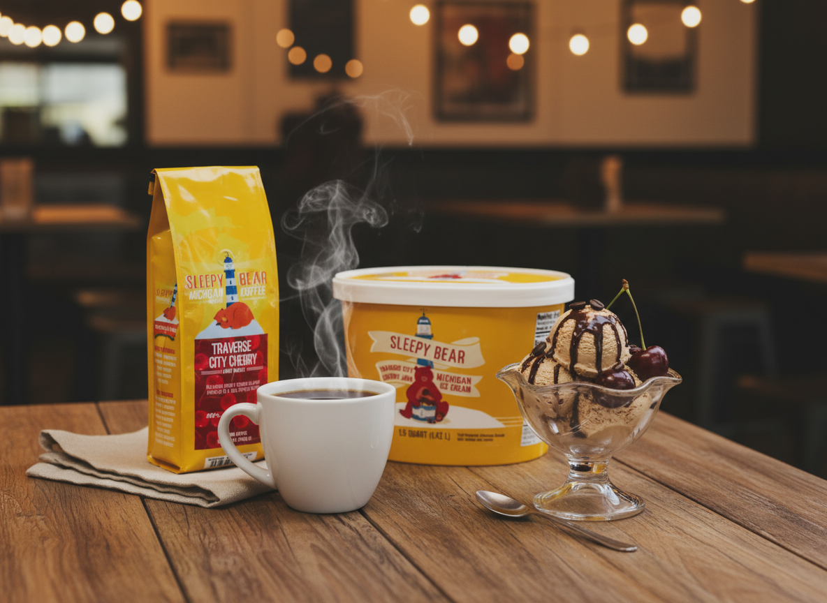 Firefly_Gemini Flash_create a composite of Sleepy Bear Coffee Bag and Sleepy Bear Ice Cream carton in an i 678952